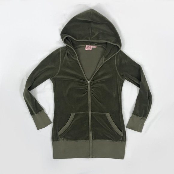 Vintage Juicy Couture Hoodie Olive Green Velour Long Y2K Zip Front Jacket - Picture 8 of 10